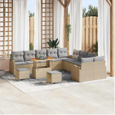 Garten-Sofa-Set 13-teilig mit gepolsterten Kissen aus Poly Rattan und Akazienholz, Outdoor-Sofa-Garnitur mit Stauraum und verstellbaren Füßen