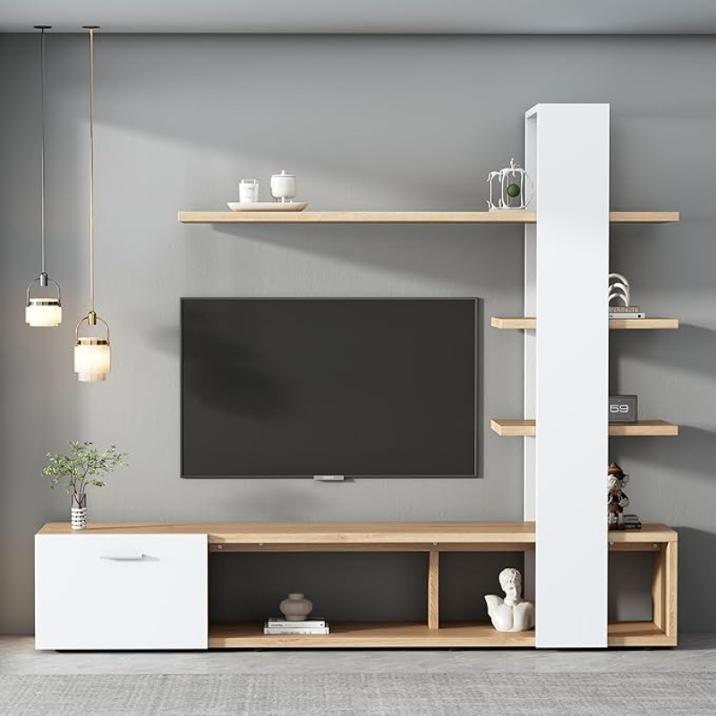 Svetainės sieninė spintelė, TV spintelė, svetainės baldų komplektas, 5 aukštų lentyna, 3 lentynos, 1 durelės ir 2 atviri sandėliavimo skyriai (apačioje), skirta televizoriams iki 60 colių, 180 x 33,5 x 151,5 cm