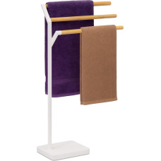 Relaxdays Hand Towel Rack, H x W x D: 75 x 38.5 x 18 cm, Metal, Bamboo, 3 Rails, Standing Towel Holder, Bathroom, White/Natural