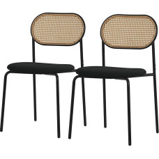 ML-Design Valgomojo kėdės, 2 vnt., juodos spalvos, virtuvės kėdės su rotango atlošu, minkštos kėdės su išlenkta tinklelio nugarėle, rotango kėdės su metalinėmis kojelėmis, minkštos kėdės, akcentinės valgomojo kėdės