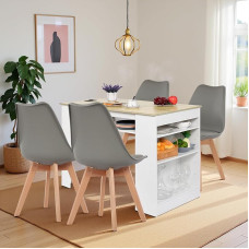 EGGREE valgomojo stalas su 4 kėdėmis, valgomojo komplektas, baro stalo komplektas, rašomasis stalas su kintamosios srovės lizdais ir USB jungtimis, 111 cm virtuvės stalas su 4 lentynomis, skirtas svetainei, virtuvei (balto ąžuolo stalas + 4 pilkos spalvos