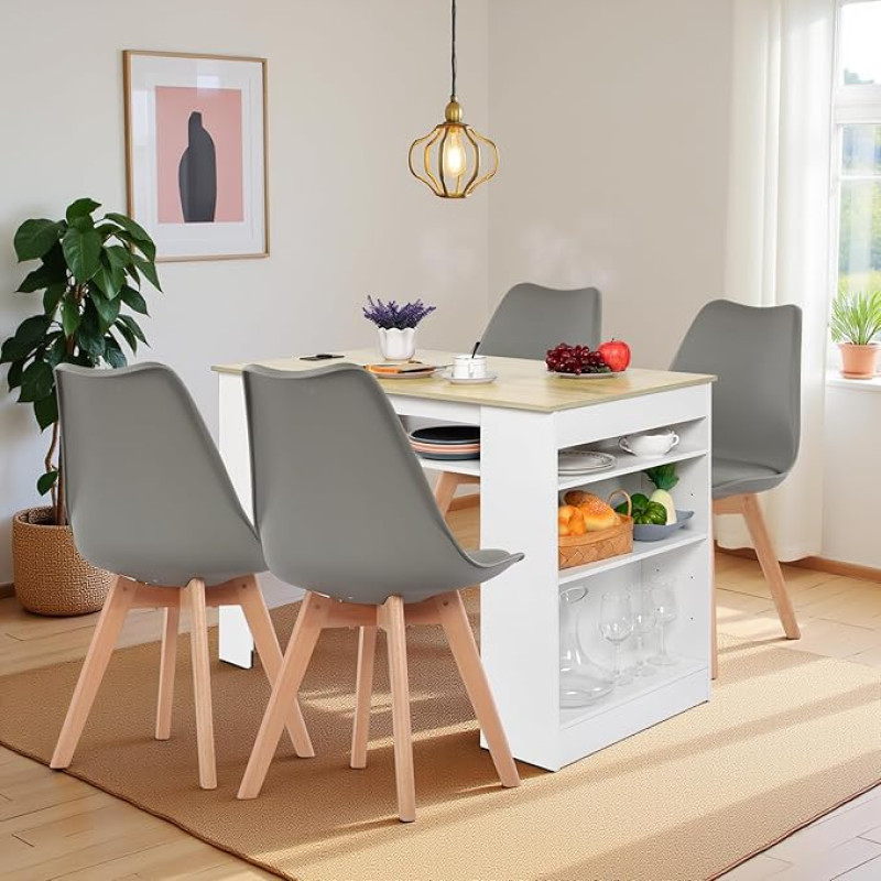 EGGREE valgomojo stalas su 4 kėdėmis, valgomojo komplektas, baro stalo komplektas, rašomasis stalas su kintamosios srovės lizdais ir USB jungtimis, 111 cm virtuvės stalas su 4 lentynomis, skirtas svetainei, virtuvei (balto ąžuolo stalas + 4 pilkos spalvos
