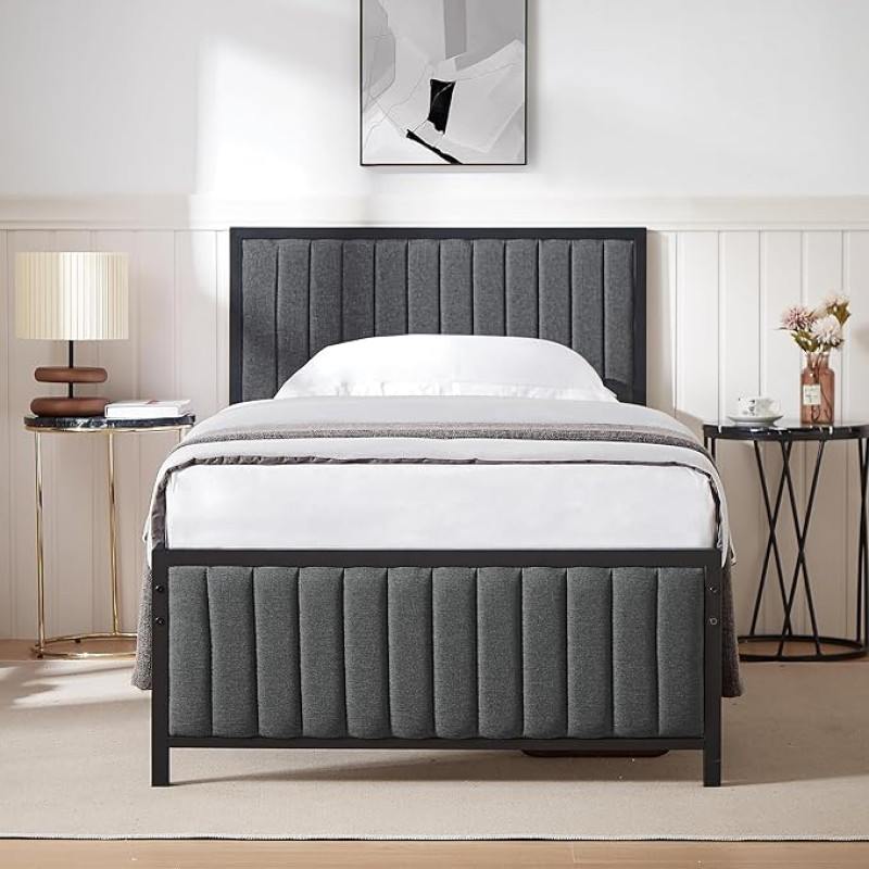 VECELO lovos rėmas 90 x 200 cm, metalinis lovos rėmas, viengulė lova su paminkštintu galvūgaliu ir kojūgaliu, lovos rėmas su lentjuostėmis, 32 cm aukštis po lova, nereikia spyruoklių, pilkas