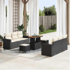 Modulares Gartensofa-Set 9 Teile Schwarz und Creme mit Kissen und Tisch, Outdoor-Sofa-Set 9 Stück, 9-teiliges Gartenmöbel-Set mit Akazienholz Tischplatte