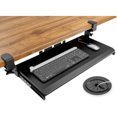 Po stalu esantis ištraukiamas klaviatūros dėklas su itin tvirta C spaustukų tvirtinimo sistema 27,3 (82,5 cm, įskaitant spaustukus) x 27,9 cm ištraukiama platforma Kompiuterio stalčius, skirtas rašyti juodai