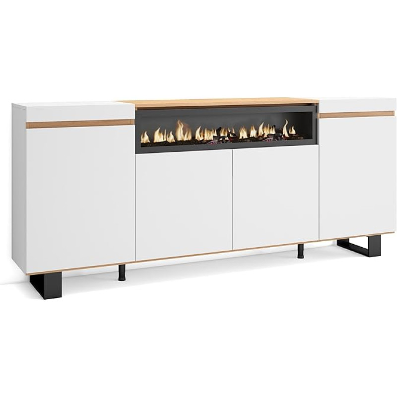 Skraut Home Sideboard, Highboard, Chest of Drawers, Comode Cabinet, 200 x 87 x 35 cm, 4 Doors, Electric Fireplace, Industrial Design, Modern Style, White and Soft Oak
