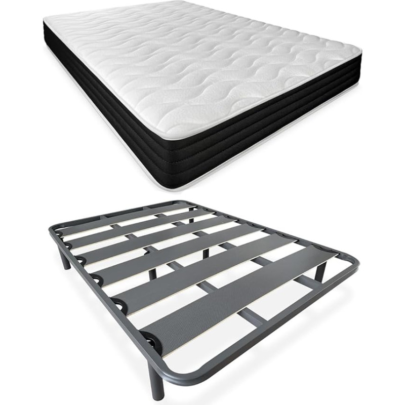 DUÉRMETE ONLINE Pilna lova su abipusiu Visco čiužiniu (žiema/vasara) + sustiprintas 40 x 30 mm skersmens lentjuostinis pagrindas su metalinėmis kojelėmis, legiruotas plienas, pilka, 135 x 190 cm