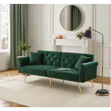 Moderni dvivietė sofa-lova su aksominiu užvalkalu, atlošu su 3 lygių reguliavimu ir paauksuotomis metalinėmis kojelėmis, taupanti erdvę, 173 x 75 x 70 cm (žalia)
