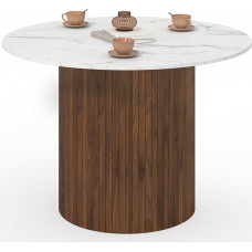 IDMarket - Juliette apvalus valgomojo stalas 6 asmenims, centrinis pagrindas su lamelių efektu, riešutmedžio spalvos, stalviršis - balto marmuro efektas Aliaska 110 cm