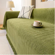 Sofa Überwürfe, Grün Waschbar Sofa Protection Cover Schonbezug Couch Einfarbiges Fischgrätmuster mit Fransen aus Chenille, 180x300cm