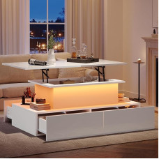 Merax Coffee Table with Height-Adjustable Top, Modern High Gloss Living Room Table with LED, Sofa Table Coffee Table with 4 Drawers, Hidden Storage Space, Rectangular Centre Table, Side Table, White