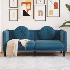 Sofa su pagalvėlėmis, 2 sėdimų vietų, mėlynas aksomas, poilsio sofa, sofos ir kušetės, poilsio sofa, svetainės sofa, 372640