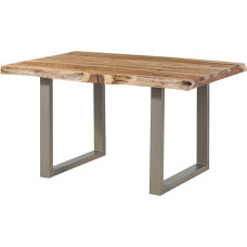 MASSIVMOEBEL24.DE Freeform 5 Sheesham Wood Tree Table Natural Sandblasted + U-Legs in Matte Silver, 140 x 90 x 77 cm, Solid Wood Table Tree Edge Table, Dining Table
