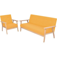 Bequemes 2-TLG. Sofa-Set in Stoff für Wohnzimmer, Retro Design mit Holzrahmen in Hellgrau und Schaumstoffpolsterung, inklusive Sessel und 3-Sitzer
