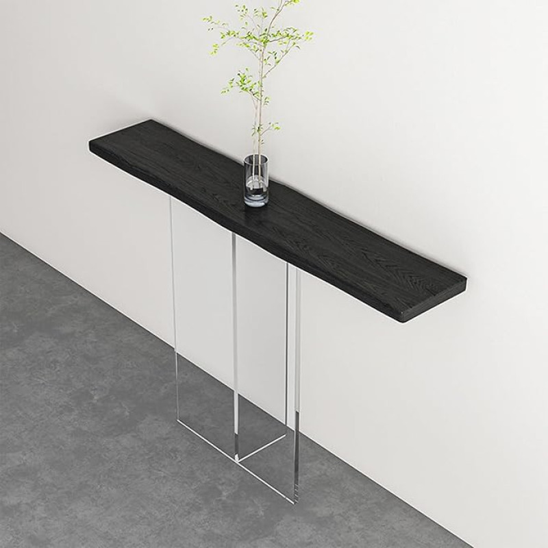 Konsolentisch Schmal Massivholz, Minimalistischer Console Table Flurtisch Mit Acrylbasis, Flurtisch Für Eingangsbereich, Wohnzimmer, Flur, Foyer(Black, 63.0