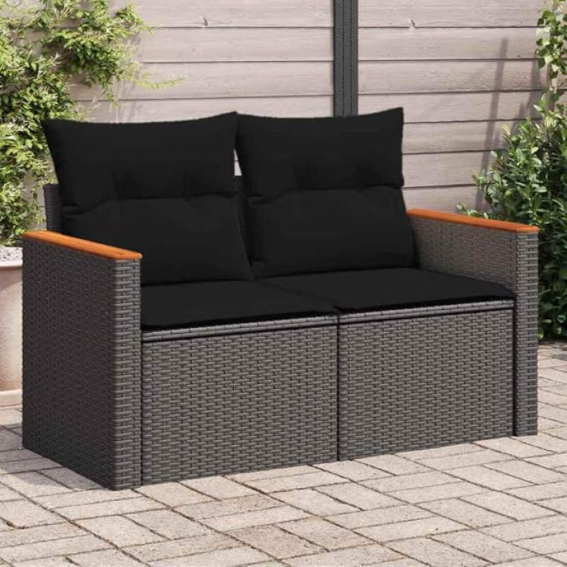 2-Sitzer Gartensofa Schwarz mit Kissen aus Poly Rattan als Gartenmöbel Set mit abnehmbaren Bezügen