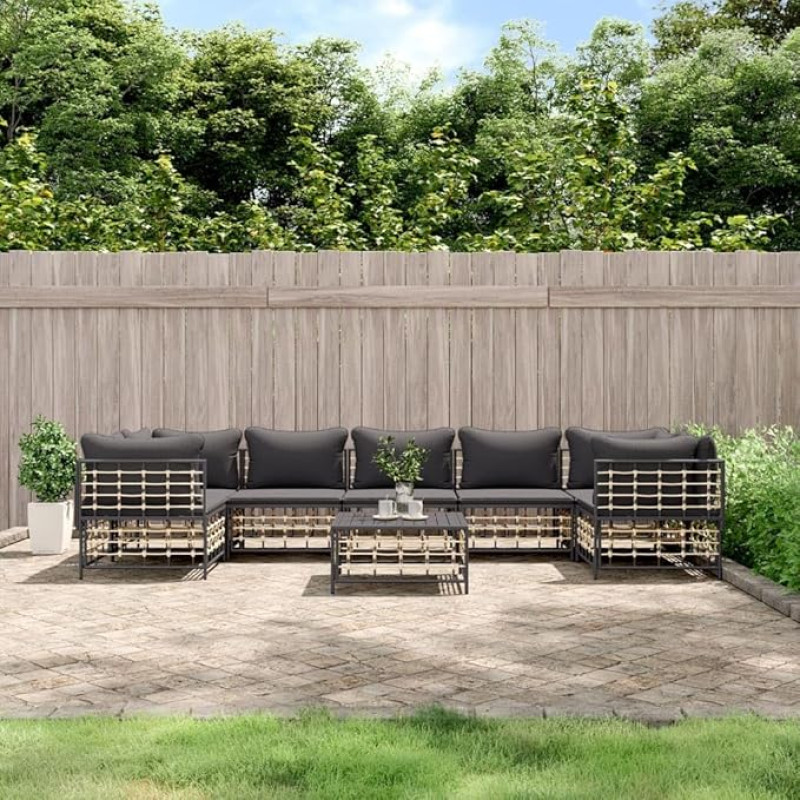 6-TLG. Garten-Lounge-Set mit Kissen Anthrazit Poly Rattan - Gartenmöbel Set als Lounge Set für Terrasse und Außenbereich