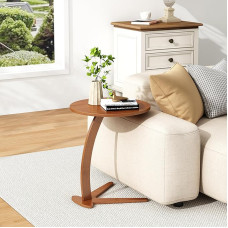C Shape Side Table, Small Round Side Table for Couch, Extendable Tray Under Sofa Desk for Living Room Bedroom Solid Wood TV Tray for Tight Space (17 Inch