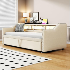 Minkšta sofa-lova 90/180 x 190 cm, daugiafunkcinis laikymo skyrius, LED lemputė ir USB lizdas, su skersiniu pagrindu, smėlio spalvos