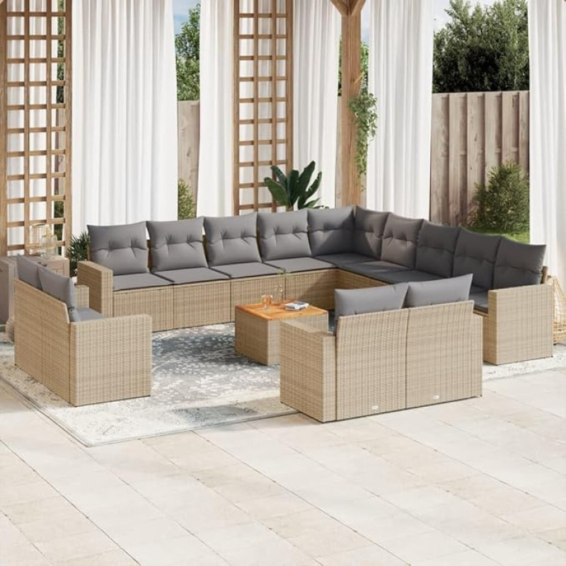 14-TLG. Garten-Sofagarnitur mit Kissen Beige Poly Rattan, Gartensofa mit Akazienholz Tisch, PE-Rattan Sofagarnitur für Terrasse und Garten