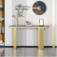 Generisch Schmaler, rustikaler Konsolentisch aus Marmor mit runden Metallbeinen, stilvoller Eingangstisch für Wohnzimmer und Diele, 120 cm breite, goldene Ablagefläche