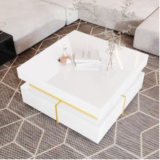 Lexiou Coffee Table High Gloss Living Room Table Side Table with Drawers and Gold Accents (White)