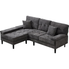 DRIXNO 195 cm L formos kampinė sofa, sofa su miego funkcija, 3 vietų sofa-lova, patogus šenilinis audinys, kilnojama kojų atrama, daugiafunkcinis šezlongas, skirta svetainei, svečių kambariui, pilka