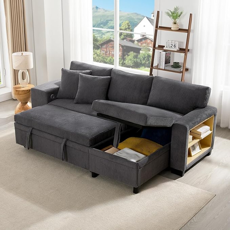 DRIXNO sulankstomoji sofa su miego funkcija, L formos išskleidžiama kampinė sofa su USB įkrovimo prievadu ir pagalvėle, 3 sėdimų vietų išskleidžiama sofa su šoninėmis lentynomis ir laikymo vieta, pilka