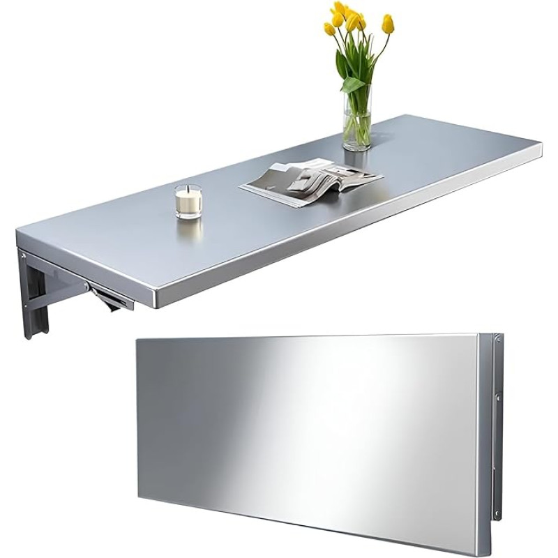 Wandklapptisch aus Edelstahl mit Metallhalterungen, schwebender Klapptisch mit Klappblatt für die Waschküche, 110 x 40 cm