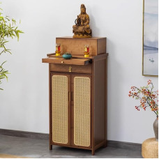 Meditationsaltartisch aus Bambus, einfacher buddhistischer Schrank mit Stauraum, chinesische Buddha-Schreinnische, Kunststoff-Rattantür, braun, 62 x 38 x 120 cm, idealus Achtsamkeit und sp