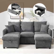Multifunctional Corner Sofa U-Shape Three-Seater Upholstered Sofa with Storage Function - Includes Drawers + Stool with Storage Compartment, Modular Dismountable with Sleep Function, Cord