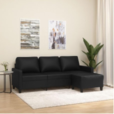 3 vietų sofa su taburete Juoda 180 cm dirbtinės odos grindų sofa su miego funkcija