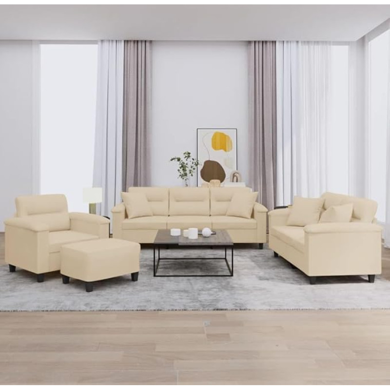 4-TLG. Sofagarnitur Creme Mikrofaser 150/210/90x77x80 cm mit Hocker & Kissen, Sperrholz-Metall, f. Wohnzimmer/Büro