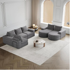 Modulinė sofa, kampinė sofa su šezlongu 322 x 271 x 81 cm, daugiavietė sofa, modulinė sofa, šenilinė sofa su lenktais elementais ir kėdė, modulinė kombinuota sofa, pilka