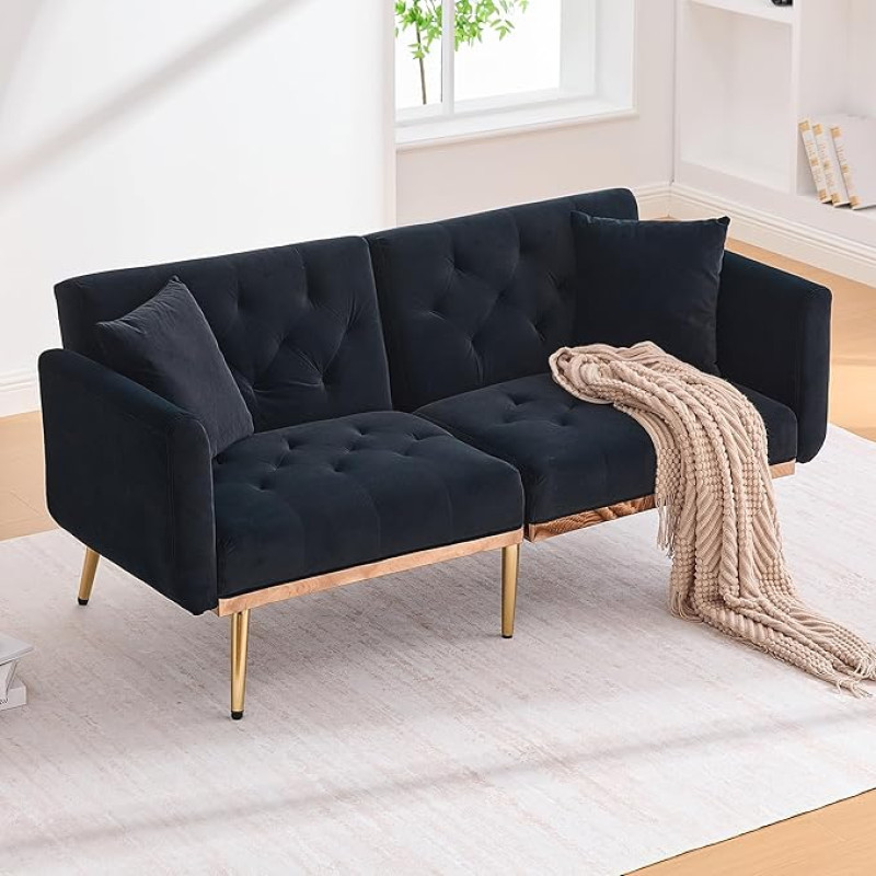Sofa 2 Sitzer, Sofa mit Schlaffunktion, Schlafcouch, Dreistufige Verstellbarer Rückenlehne, mit Gepolsterten Sitzkissen für Wohnzimmer, Schlafzimmer 161.97 * 79.98 * 77.97cm (Schwarz)