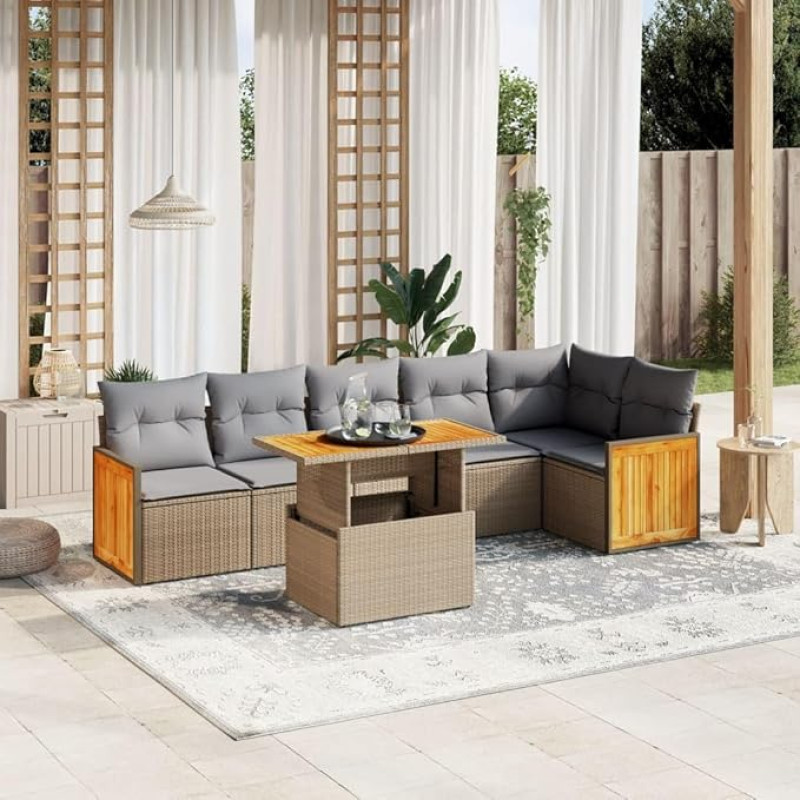 Homgoday Modernes Sofa-Set, 7-teilig, mit Kissen in Beige aus Polyrattan, Set für Schlafsofa, Wohnzimmer, Sofa, Set für den Außenbereich, Modell 3273971