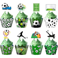 Futbolo sporto laukas Cupcake Toppers ir Wrappers, 48 vienetų futbolo dekoracijos gimtadienio vakarėliui