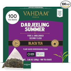 VAHDAM, Daržeilingo juodoji arbata (100 arbatos maišelių) Vidutinio kofeino arbata | 100 % grynos nesumaišytos Daržeilingo arbatos maišeliai iš Indijos | Karšta, ledinė ar kombučos arbata