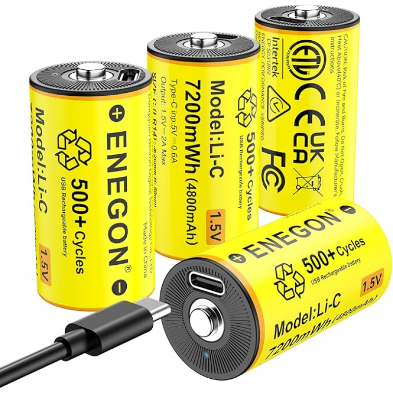 ENEGON 4 įkraunamų C/LR14 baterijų pakuotė, 1,5 V 7200 mWh ličio jonų baterijos su USB-C greitojo įkrovimo laidu - idealiai tinka CD grotuvams, radijo imtuvams, žibintuvėliams, stovyklavietės / avariniams žibintams, vaikų žaislams
