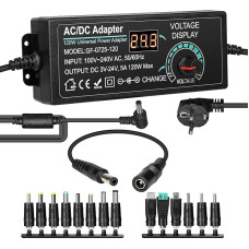BuyWeek Reguliuojamas maitinimo adapteris 5A 120W Universalus maitinimo šaltinis iš 100V-240V AC į DC 3V-24V Reguliuojamas maitinimo šaltinio adapteris su 14 antgalių ir LED įtampos ekranu, skirtas buitinei elektronikai, nuolatinės srovės varikliui, 5000m