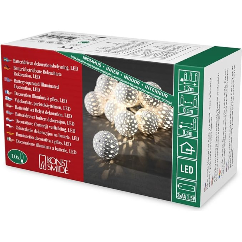 Konstsmide 3157-103 LED pasakų žibintai dideli metaliniai rutuliai/10 šiltos baltos spalvos diodų/3x AA 1,5 V baterijos, skaidrus laidas/baltas