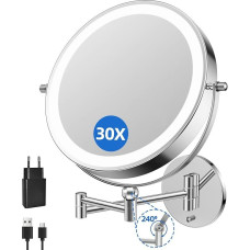 FUNTOUCH 9 colių 5000 mAh įkraunamas kosmetinis veidrodis su 1X/30X didinimu, 3 spalvų apšviečiamas skutimosi veidrodis, reguliuojamo aukščio makiažo veidrodis, pasukamas 360° kampu, sieninis veidrodis vonios kambariui ir viešbučiui