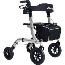 Foldable Rollator with Seat Padding, Shopping Bag & Stick Holder - Height Adjustable, Lightweight & Slim for Seniors - Walker with Brake, 10 inch/8 Inch All-Terrain Wheels, Aluminium, Silver