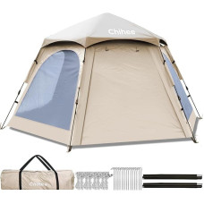 Chihee Camping Tents Pop Up Hexagonal Tent Instant PU Coated Polyester Family Hut with Rain Cover Waterproof UV Protection Windproof Outdoor Shelter 2 Doors 4 Windows Mesh Ventilation