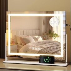 YITAHOME Apšviečiamas kosmetinis veidrodis su 3 spalvų temperatūromis, 62,5 x 51 cm, holivudinis makiažo veidrodis su jutikliniu valdymu, 10x didinimu ir USB prievadu, skirtas persirengimo stalui