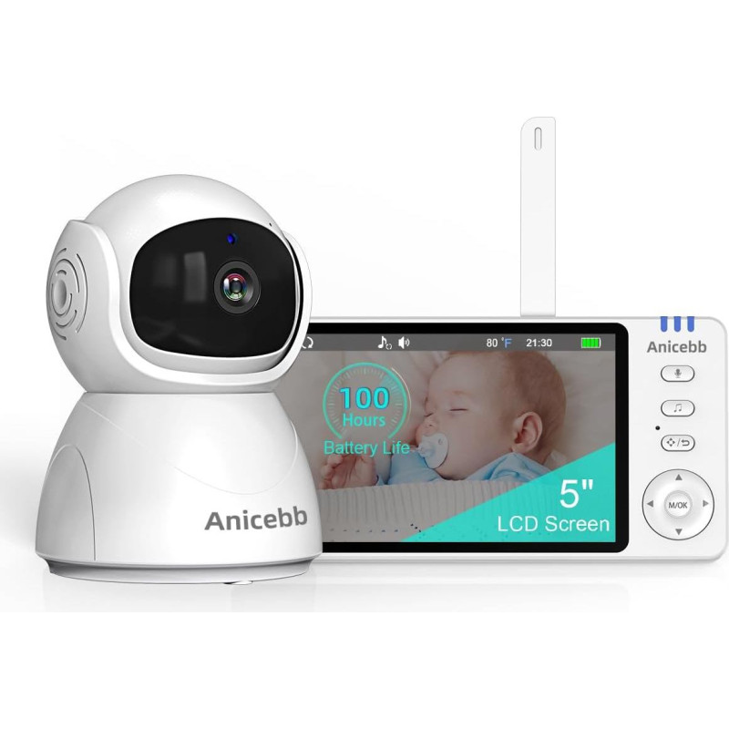 Babyphone mit Kamera und Audio, Kein WiFi 2,4 GHz FHSS Sicherer Videomonitor, 1000 Fuß Reichweite, 31H Akku, 5 Zoll LCD, Temperatur & Schrei-Benachrichtigungen, Nachtsicht, 2-Wege-Talk