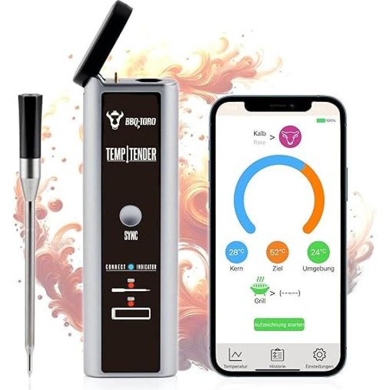 BBQ-Toro TempTender Grilio termometras belaidis su programėle Bluetooth Mėsos termometras skaitmeninis IP67 iki 300°C Kepimo termometras Grilio mėsos termometras belaidis, mėsos termostatas skaitmeninis belaidis