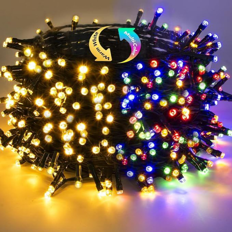 Lauko pasakų žibintai, 50 m, 500 LED, šiltai balti ir spalvoti pasakų žibintai viduje su kištuku, 11 režimų vandeniui atsparūs pasakų žibintai su laikmačiu, skirti lauko Kalėdų vestuvių šventei, keičiantys spalvas