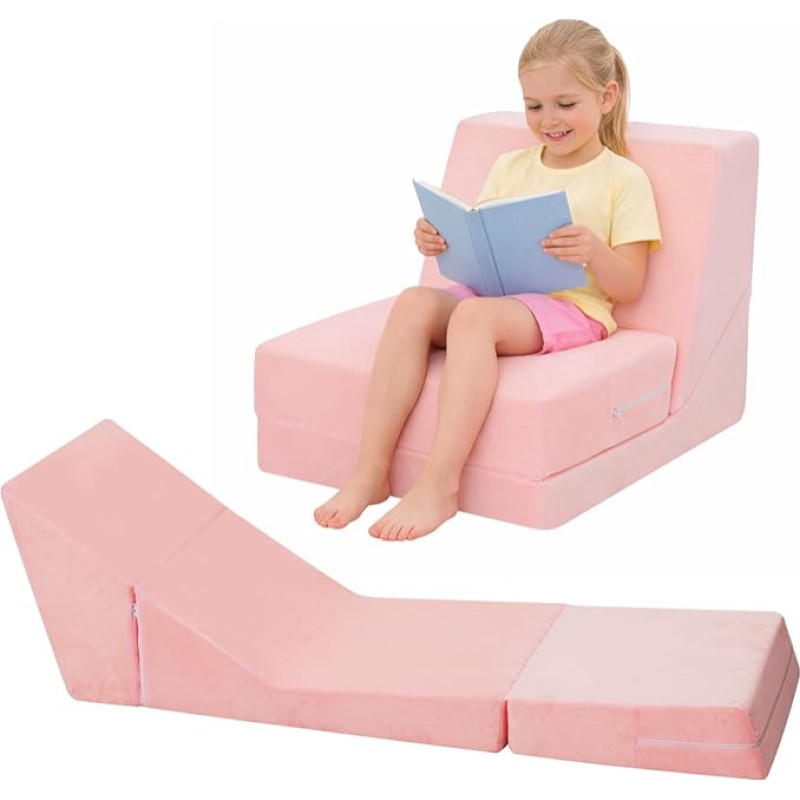 Children's Sofa, 3 in 1 Folding Sofa Bed, Coral Fleece Mini Couch, Children's Sofa for Children's Room, Children's Day and Birthday Gift for Girls, Pink