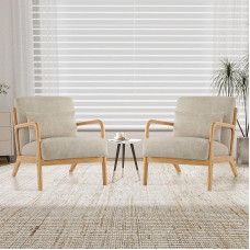 Set of 2 Accent Armchairs with Cushions, Modern Upholstered Chairs for Living Room, Lounge Chair with Armrests and Wooden Frame, Comfortable Reading Chair, Fabric Light Grey